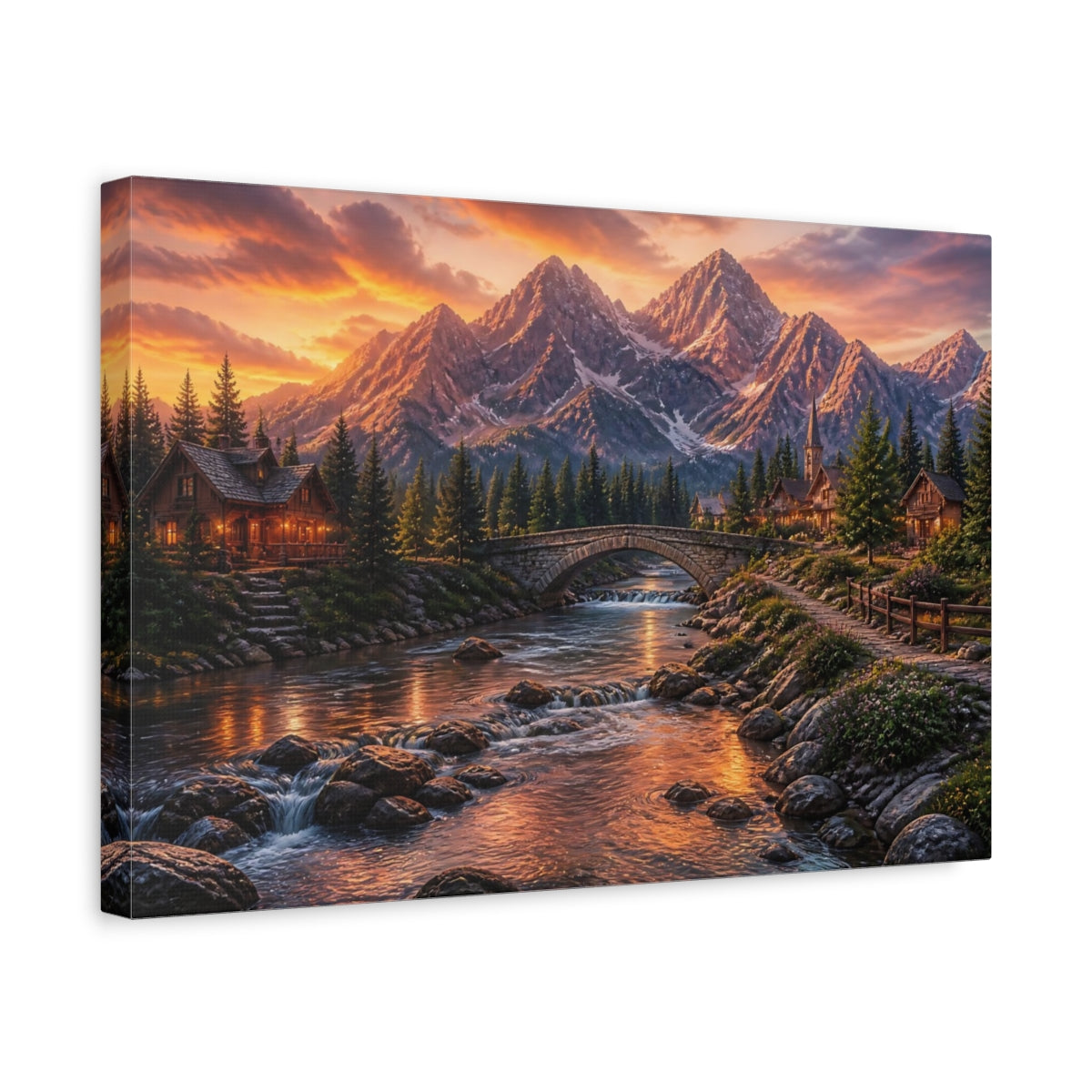 Side Mockup 4. Golden Mountain River Village shown as canvas print