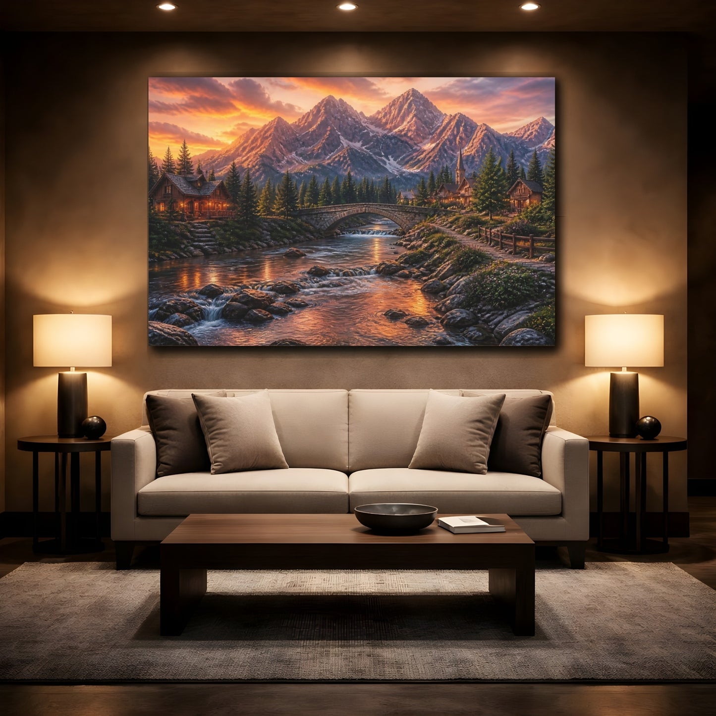 Mockup 2. Golden Mountain River Village shown as canvas print