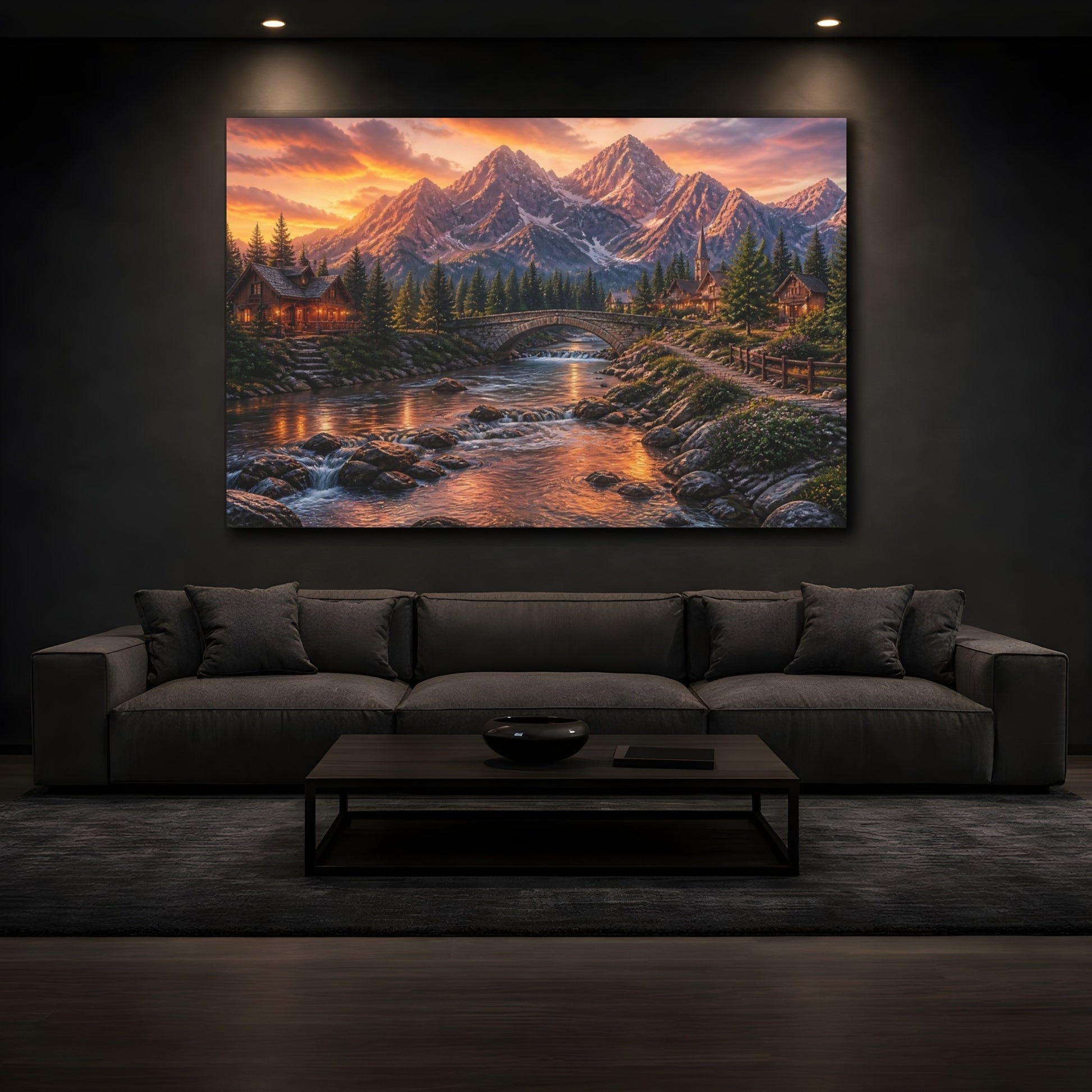 Mockup 3. Golden Mountain River Village shown as canvas print