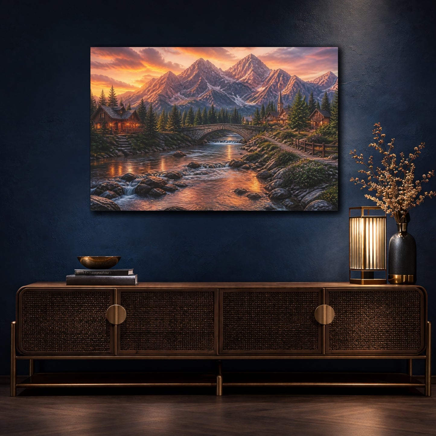 Mockup 4. Golden Mountain River Village shown as canvas print
