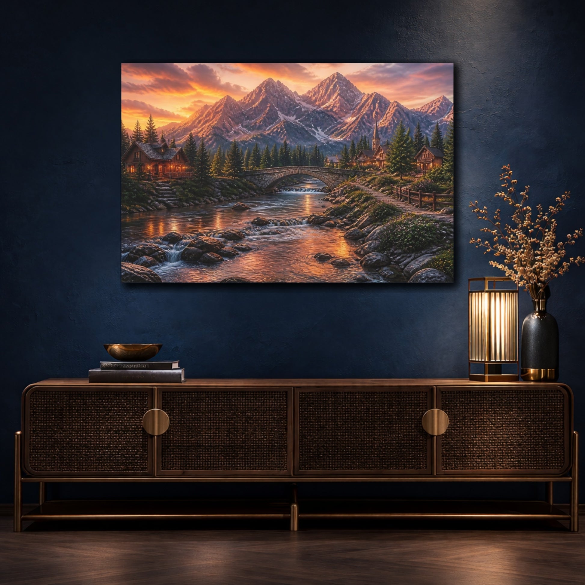 Mockup 4. Golden Mountain River Village shown as canvas print
