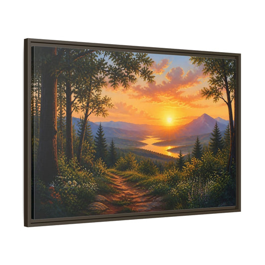 Main Mockup. Golden Mountain Sunset shown as framed canvas print