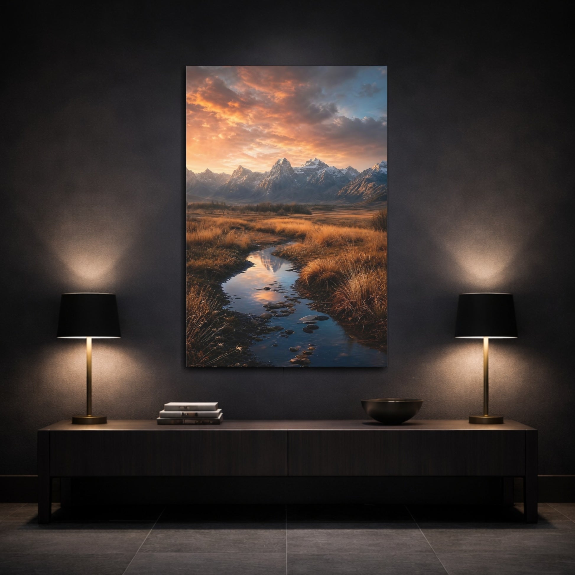 Mockup 3. Golden Mountain Sunset shown as canvas print