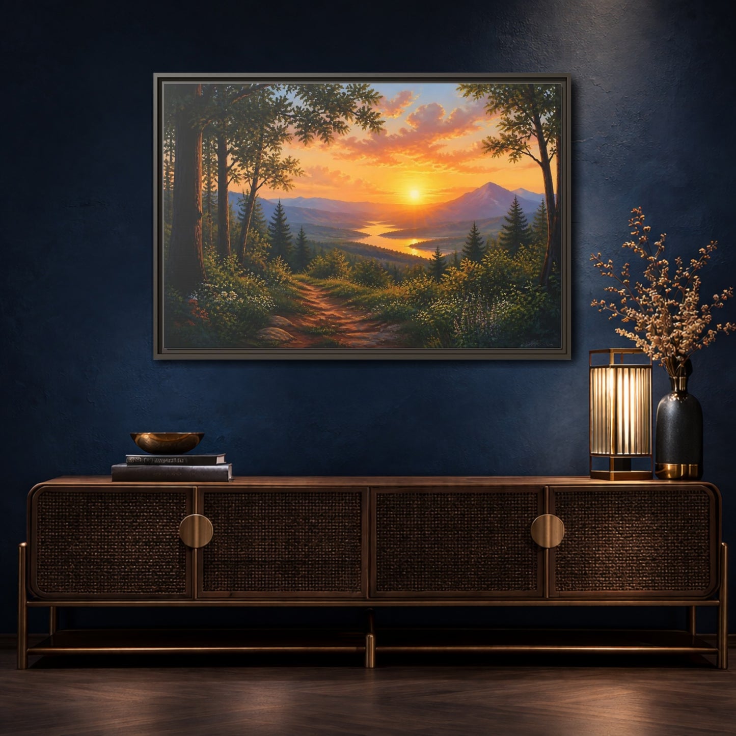 Mockup 4. Golden Mountain Sunset shown as framed canvas print