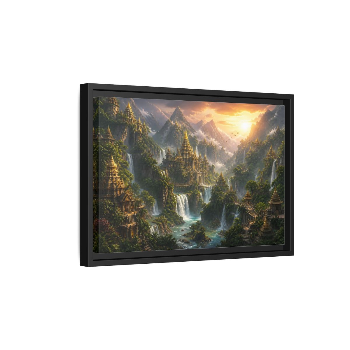 Side Mockup 6. Golden Mountain Temple City shown as framed canvas print