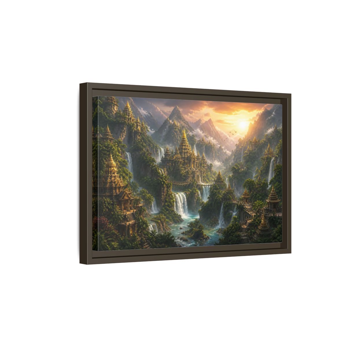 Side Mockup 5. Golden Mountain Temple City shown as framed canvas print
