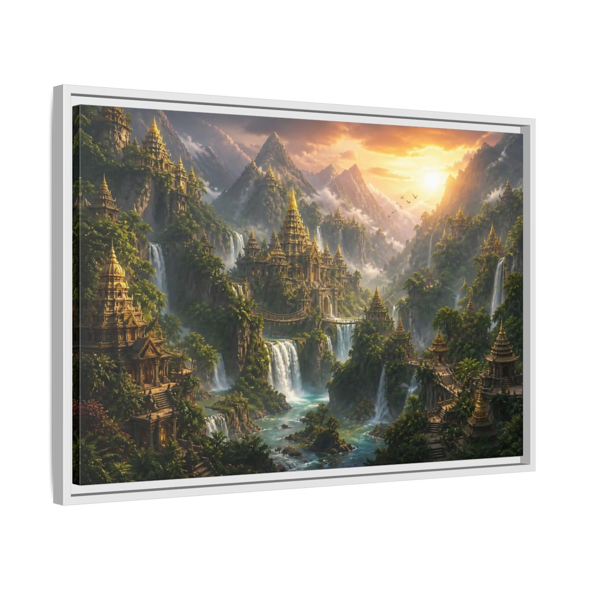 Side Mockup 10. Golden Mountain Temple City shown as framed canvas print
