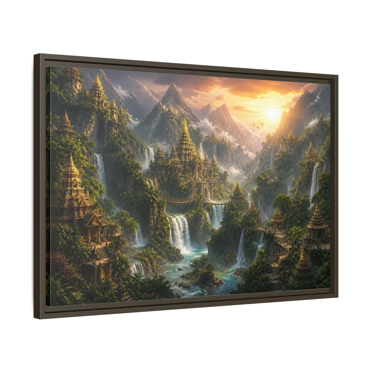 Side Mockup 11. Golden Mountain Temple City shown as framed canvas print