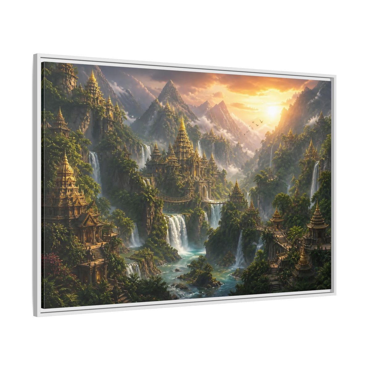 Side Mockup 7. Golden Mountain Temple City shown as framed canvas print