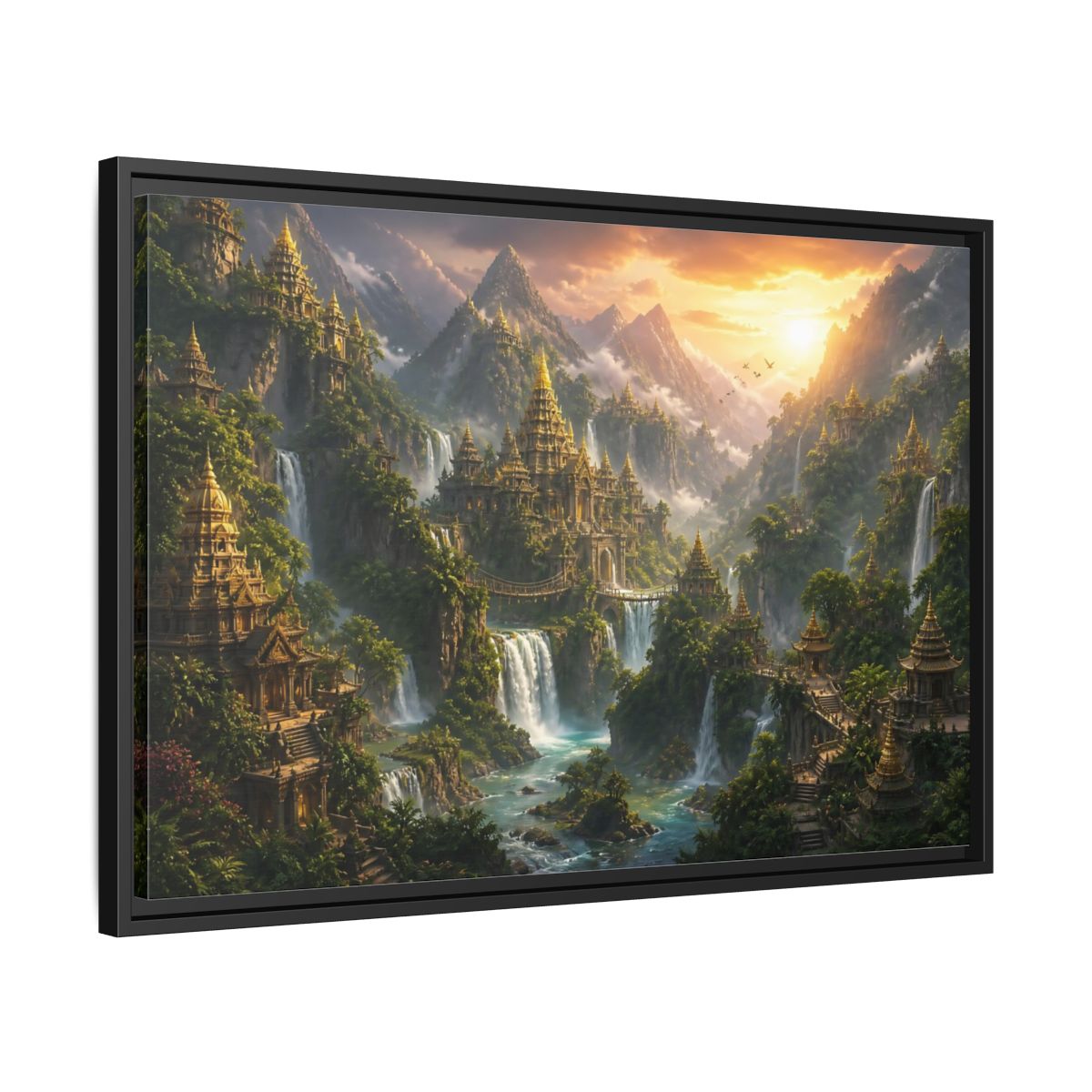 Side Mockup 14. Golden Mountain Temple City shown as framed canvas print