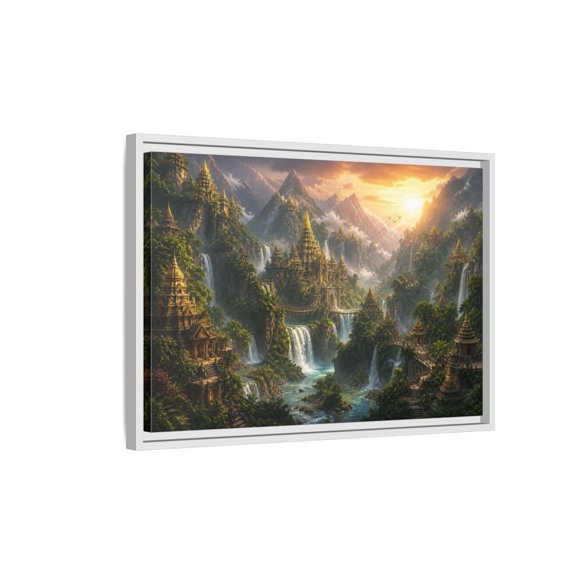 Side Mockup 1. Golden Mountain Temple City shown as framed canvas print