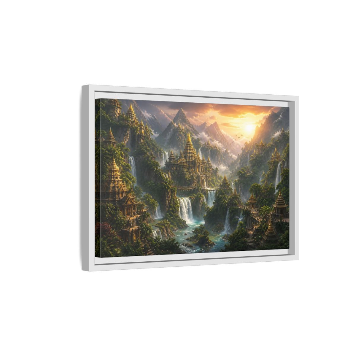 Side Mockup 4. Golden Mountain Temple City shown as framed canvas print