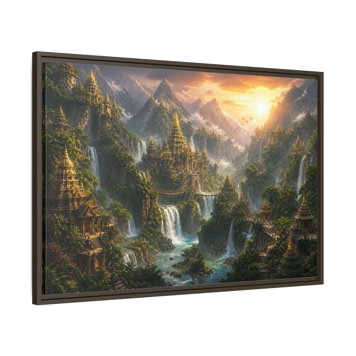 Main Mockup. Golden Mountain Temple City shown as framed canvas print
