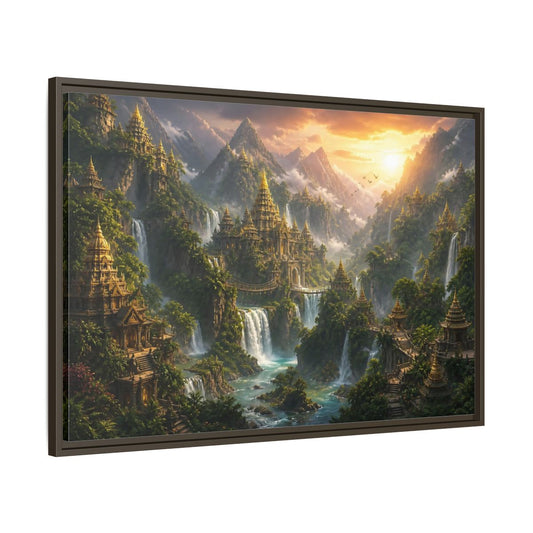 Main Mockup. Golden Mountain Temple City shown as framed canvas print