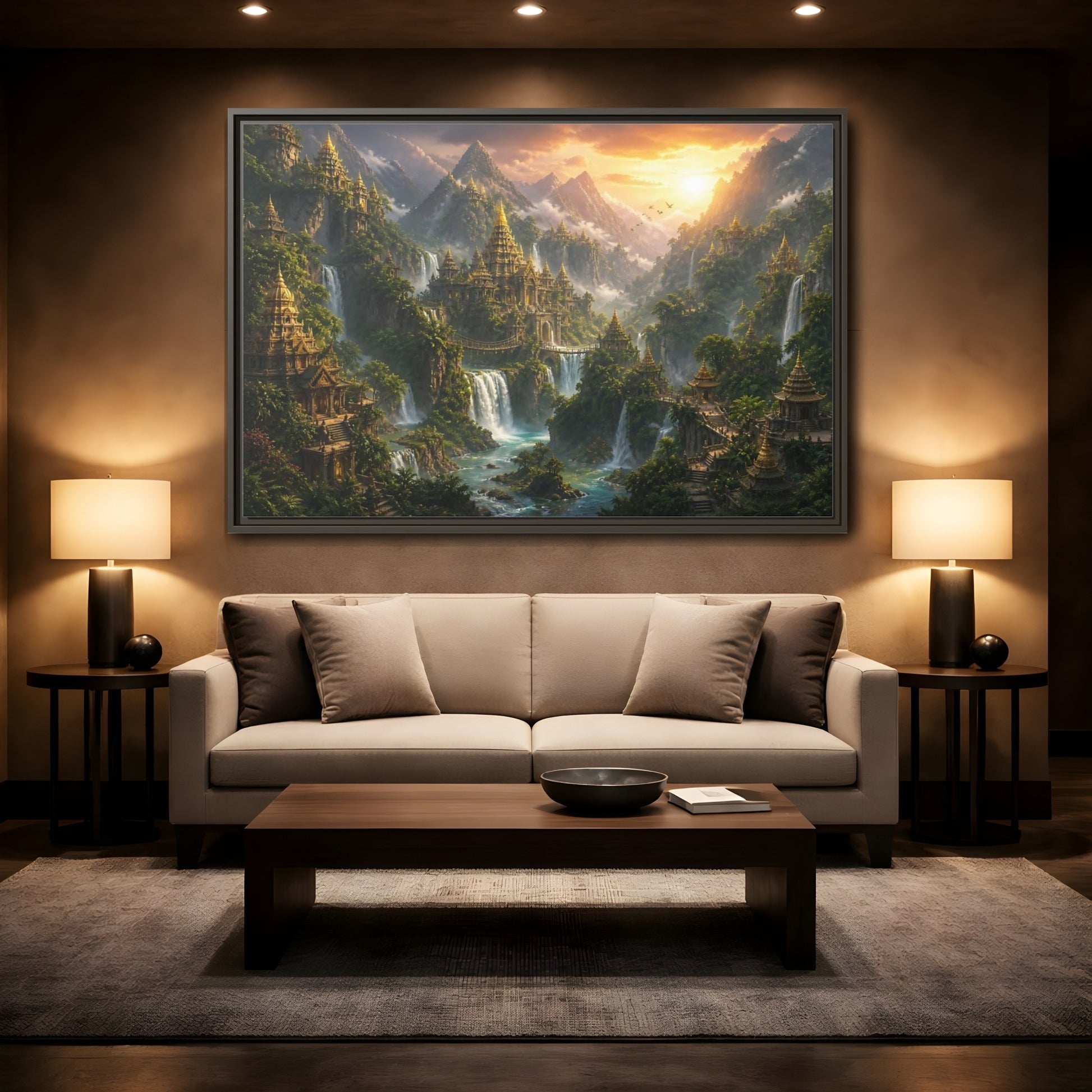 Mockup 2. Golden Mountain Temple City shown as framed canvas print