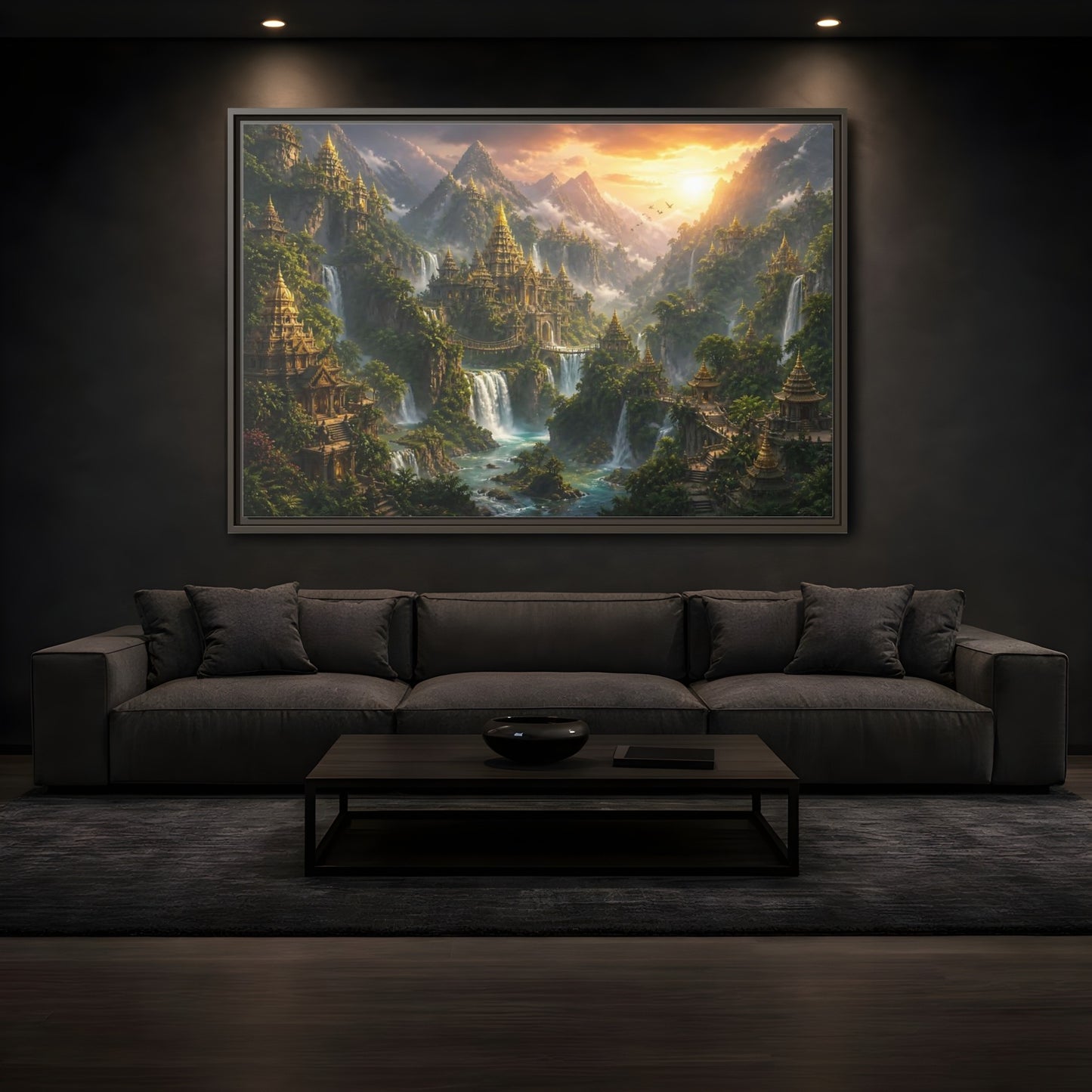 Mockup 3. Golden Mountain Temple City shown as framed canvas print