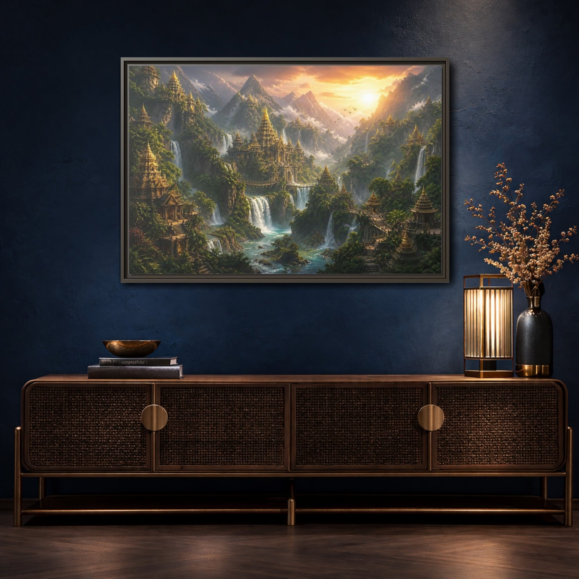 Mockup 4. Golden Mountain Temple City shown as framed canvas print