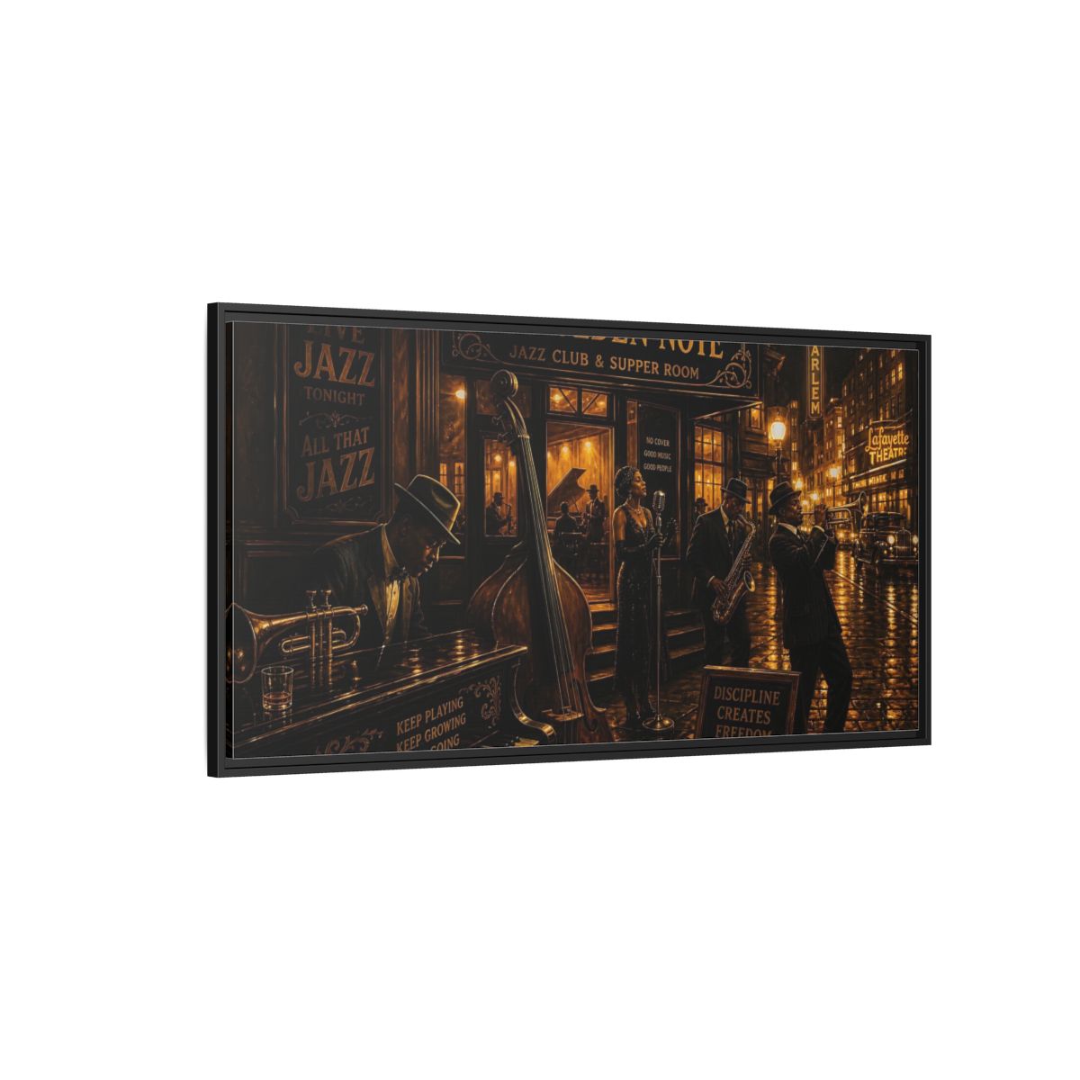 Side Mockup 5. Golden Note Jazz Night shown as framed canvas print