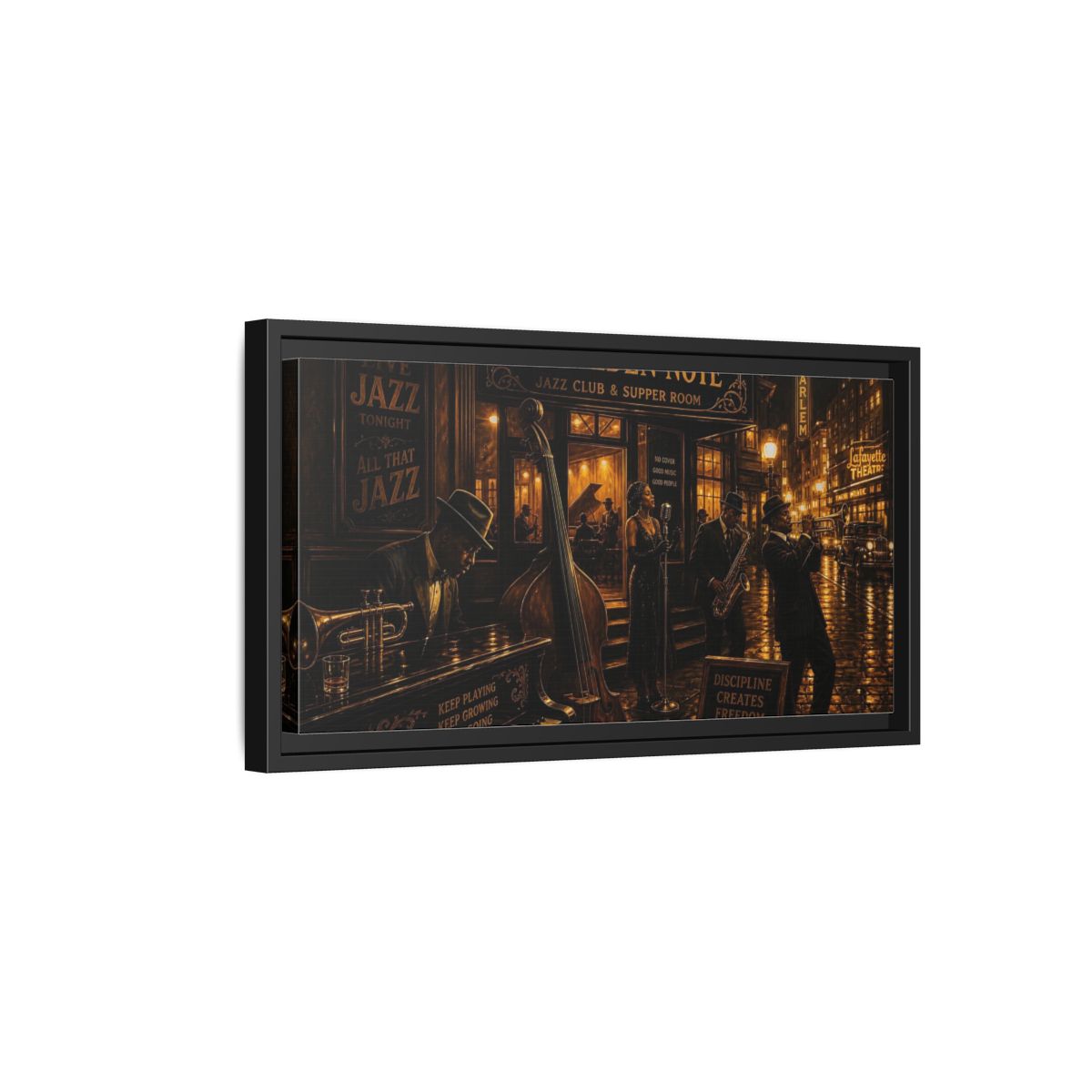 Side Mockup 8. Golden Note Jazz Night shown as framed canvas print