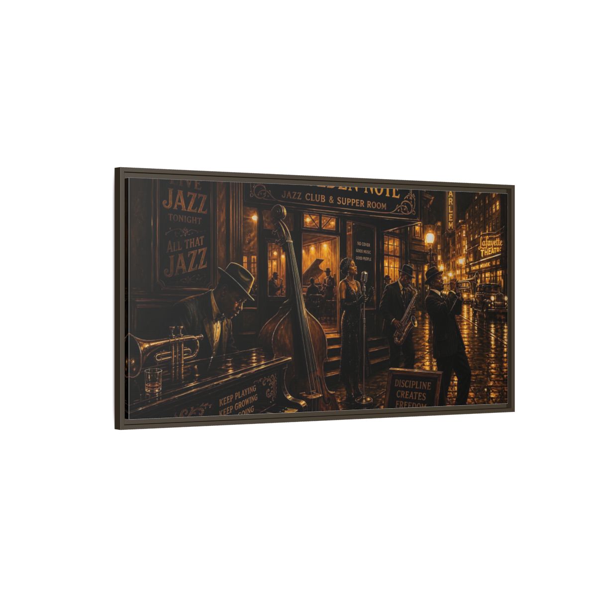Side Mockup 4. Golden Note Jazz Night shown as framed canvas print