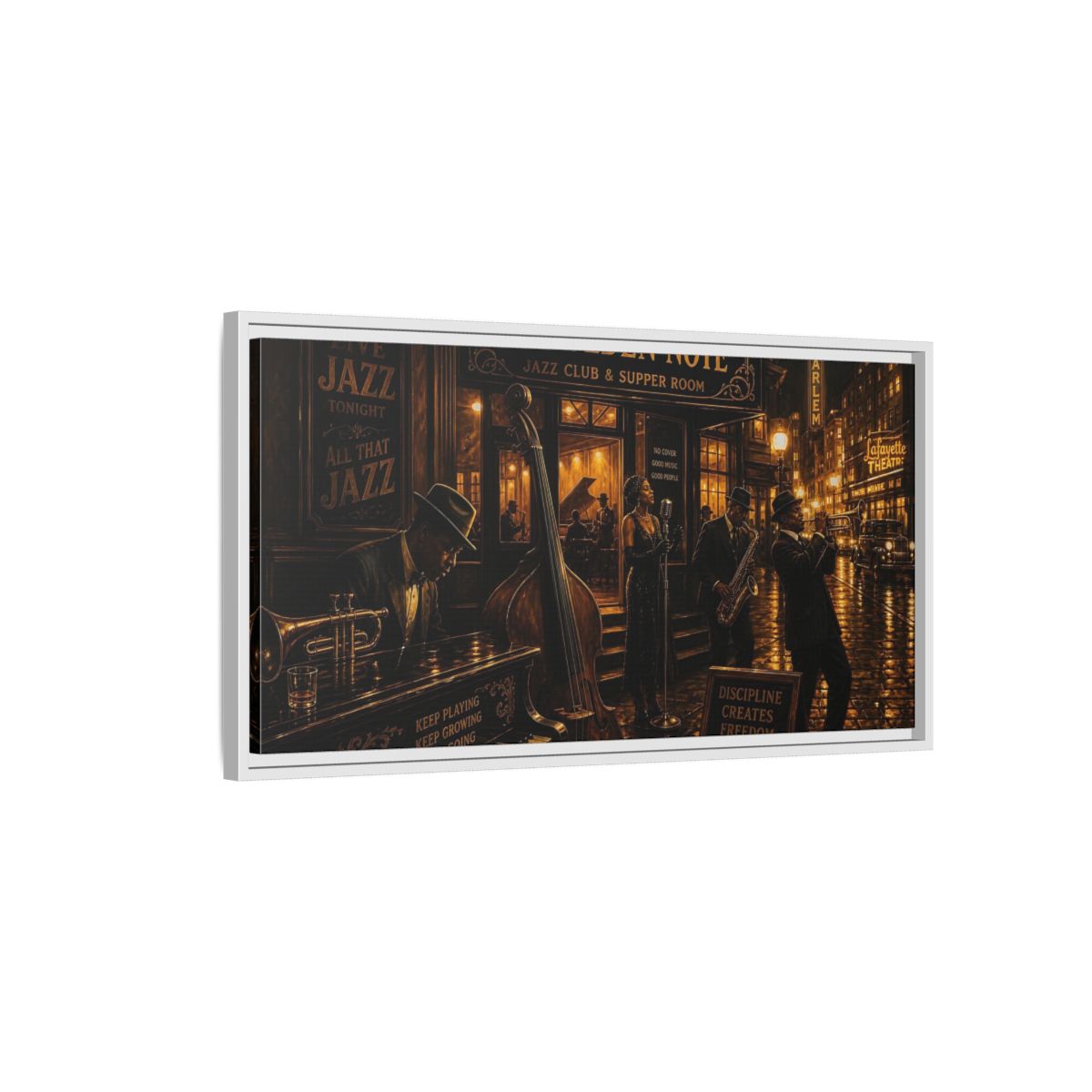 Side Mockup 1. Golden Note Jazz Night shown as framed canvas print