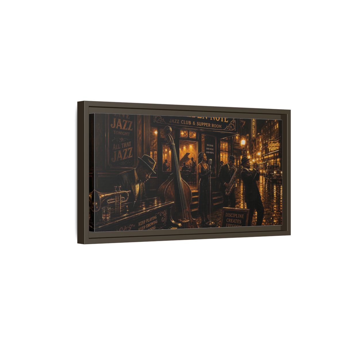 Side Mockup 7. Golden Note Jazz Night shown as framed canvas print