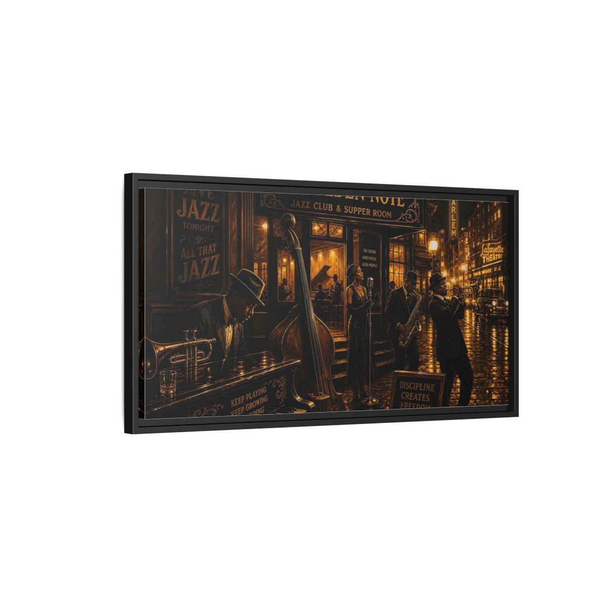 Side Mockup 2. Golden Note Jazz Night shown as framed canvas print