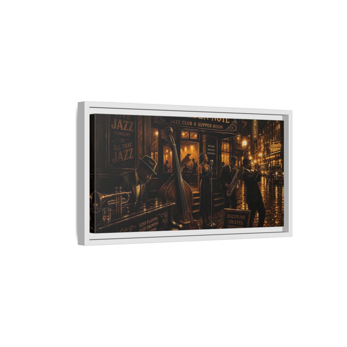Side Mockup 6. Golden Note Jazz Night shown as framed canvas print
