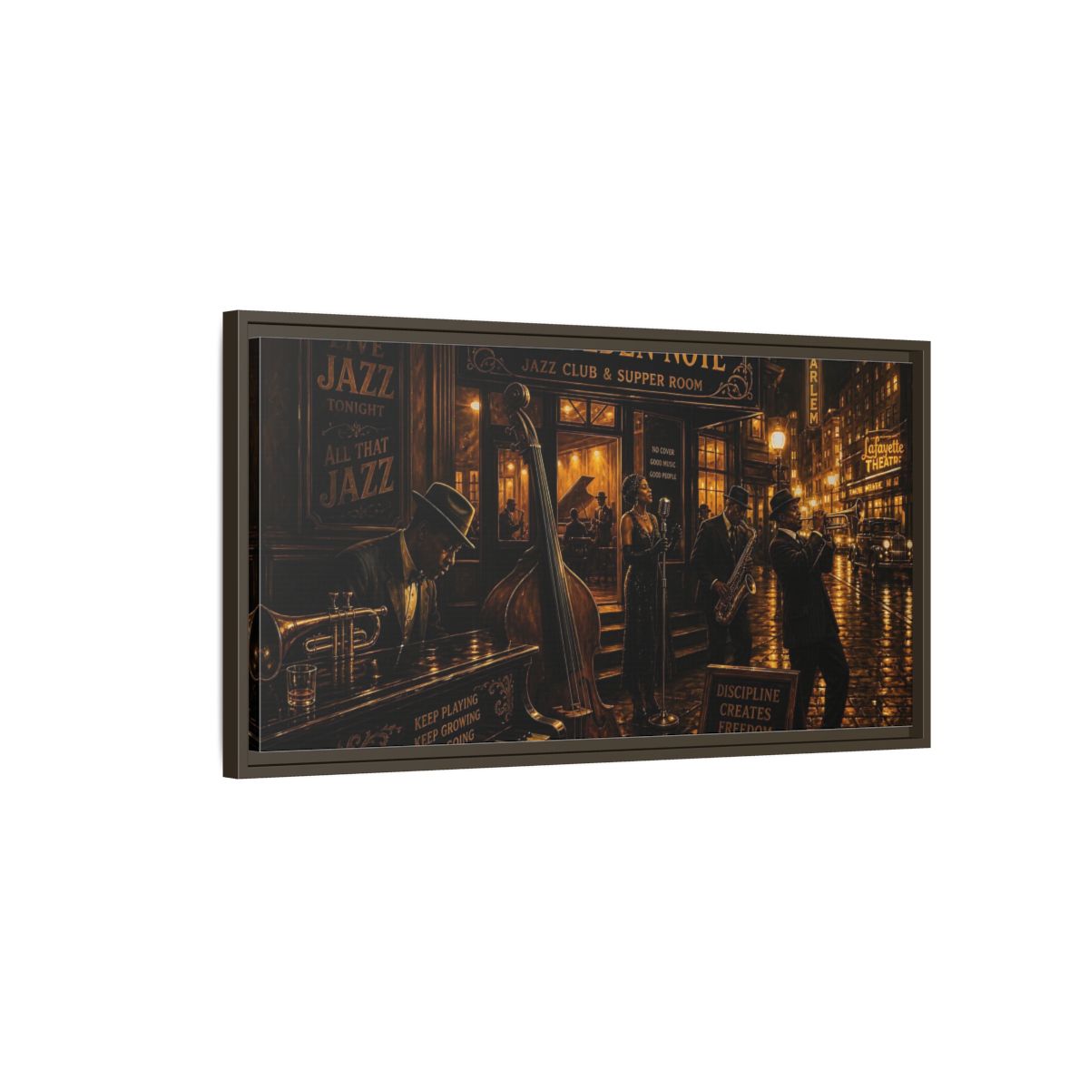 Main Mockup. Golden Note Jazz Night shown as framed canvas print
