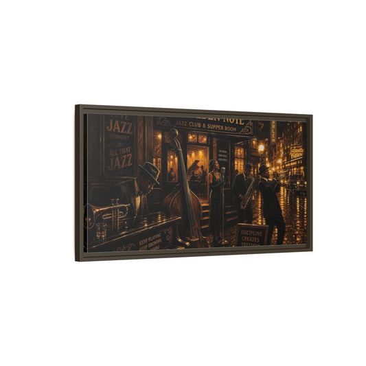 Main Mockup. Golden Note Jazz Night shown as framed canvas print