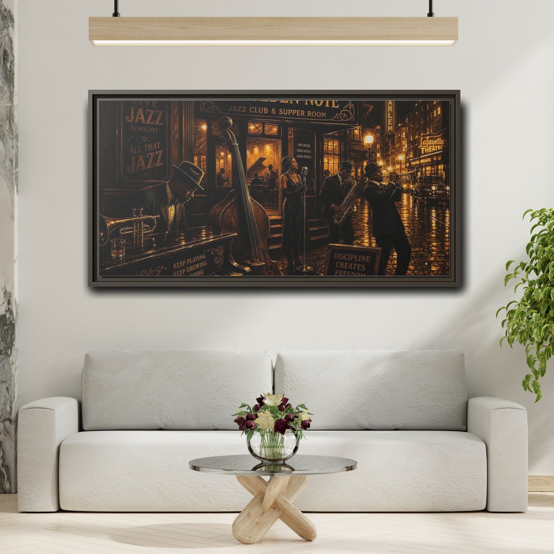 Mockup 2. Golden Note Jazz Night shown as framed canvas print