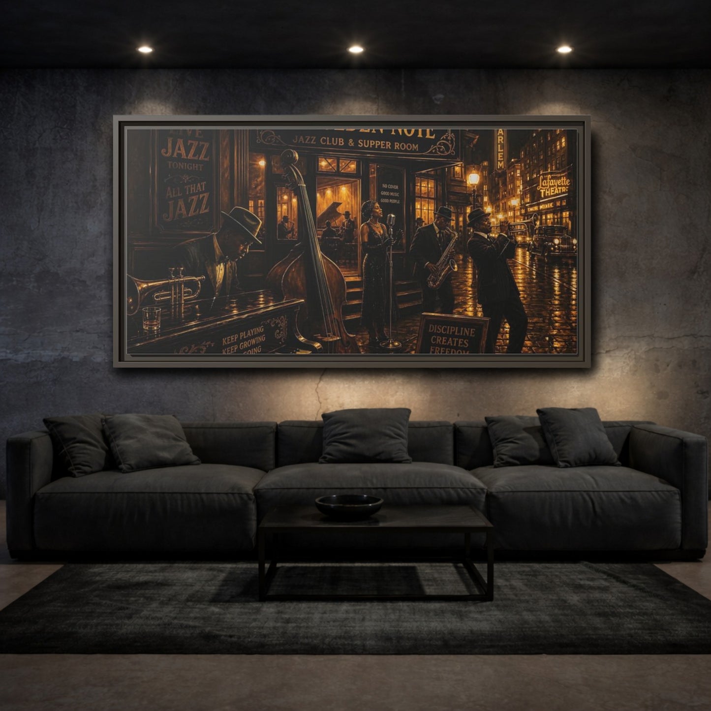 Mockup 3. Golden Note Jazz Night shown as framed canvas print