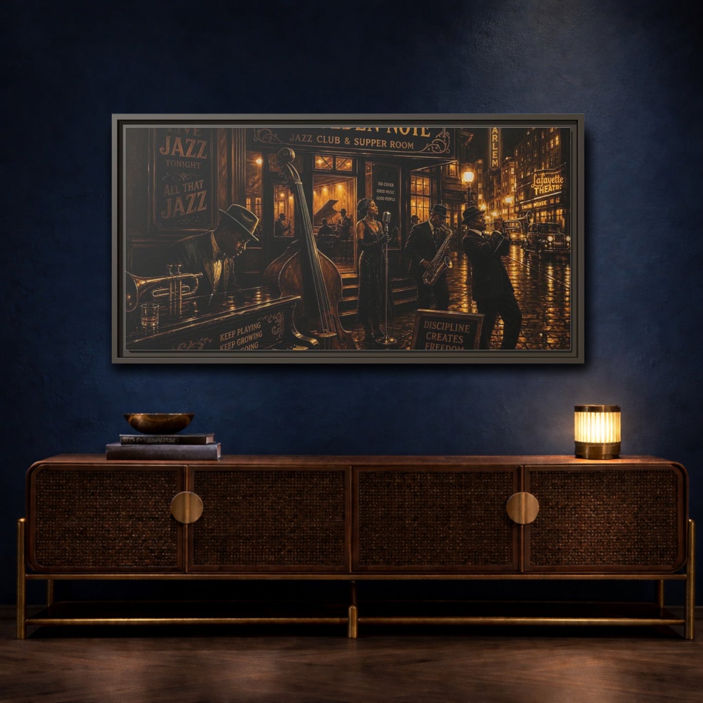 Mockup 4. Golden Note Jazz Night shown as framed canvas print