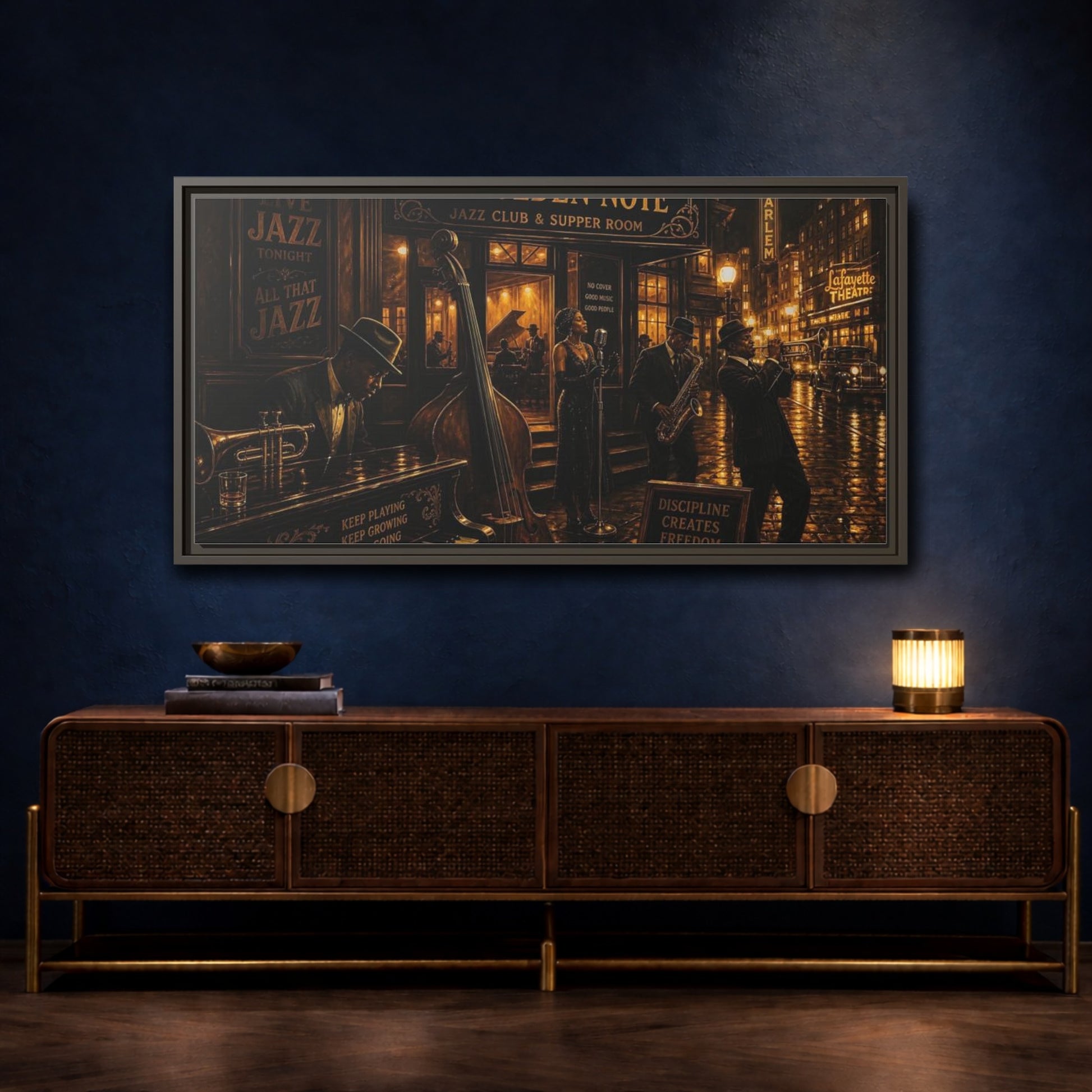 Mockup 4. Golden Note Jazz Night shown as framed canvas print