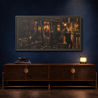 Mockup 4. Golden Note Jazz Night shown as framed canvas print