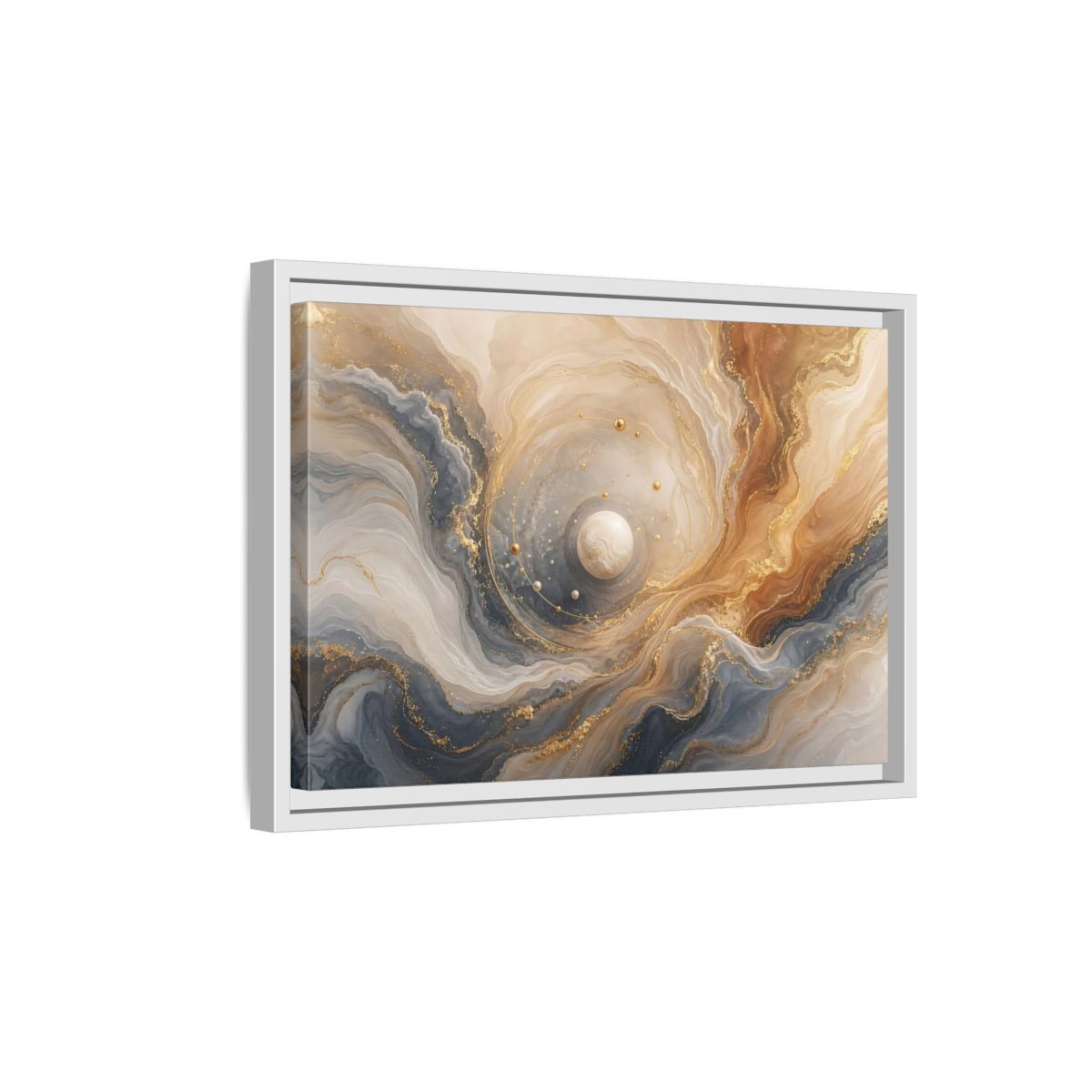 Side Mockup 4. Golden Orbital Marble shown as framed canvas print