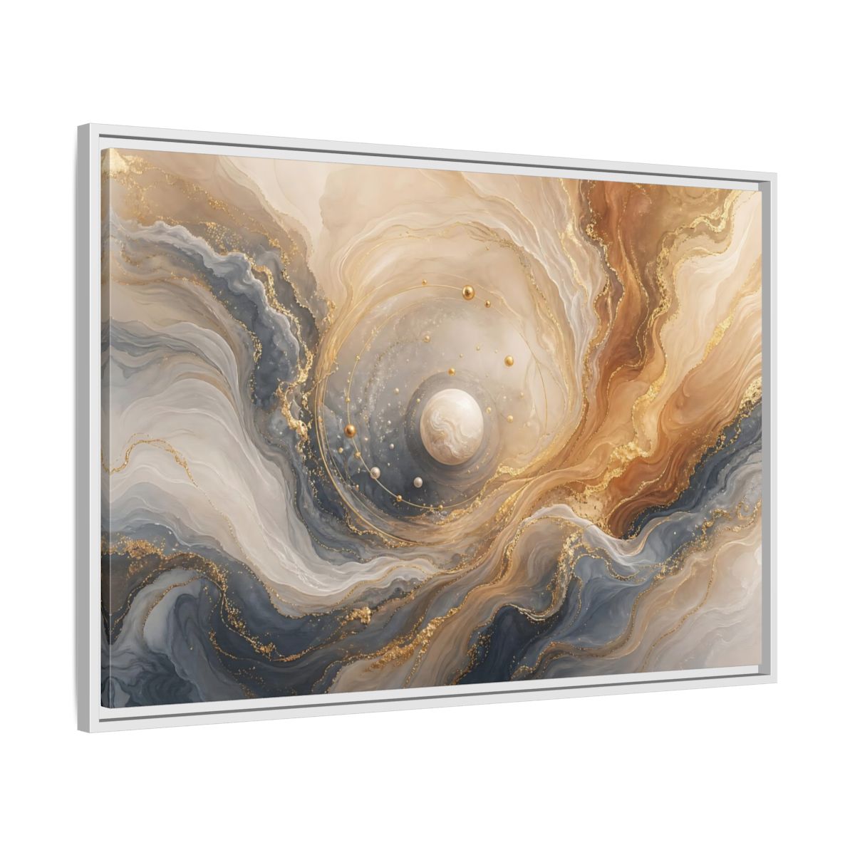 Side Mockup 9. Golden Orbital Marble shown as framed canvas print