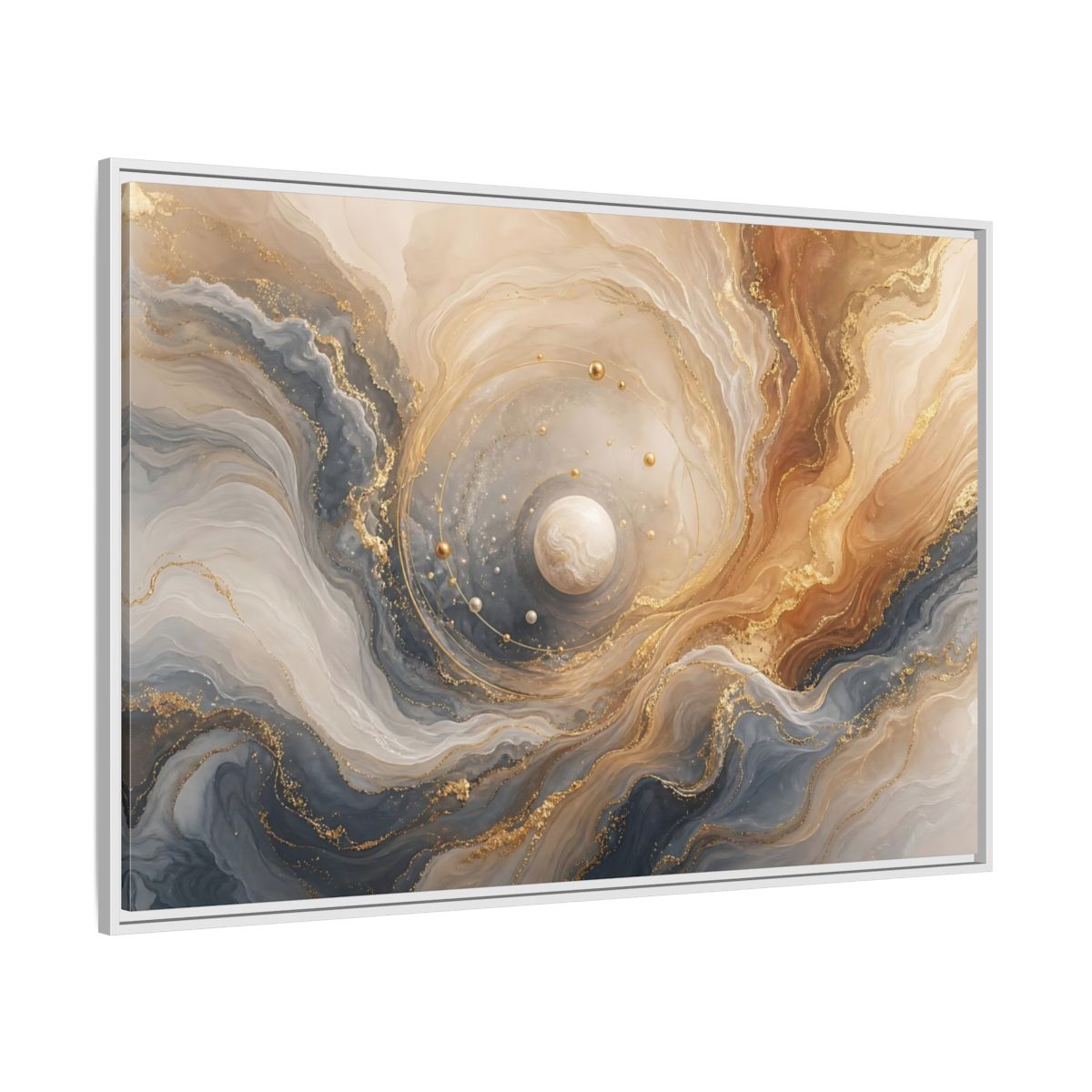 Side Mockup 7. Golden Orbital Marble shown as framed canvas print