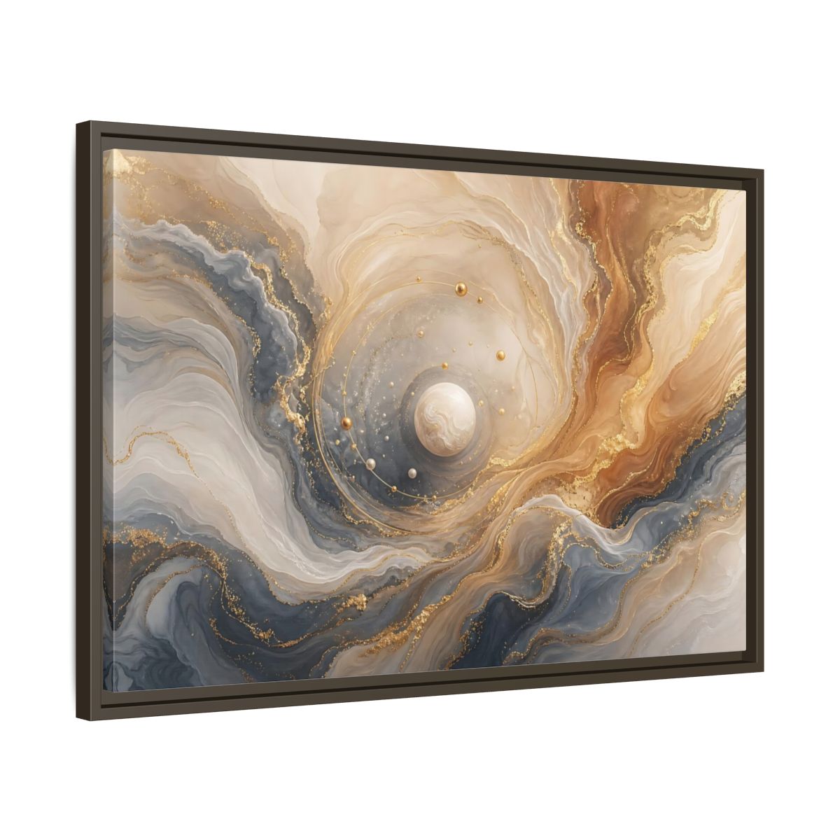 Side Mockup 11. Golden Orbital Marble shown as framed canvas print