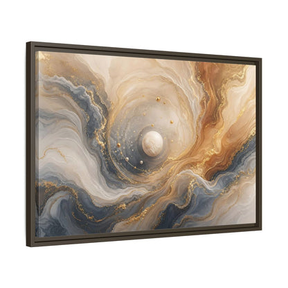 Side Mockup 11. Golden Orbital Marble shown as framed canvas print
