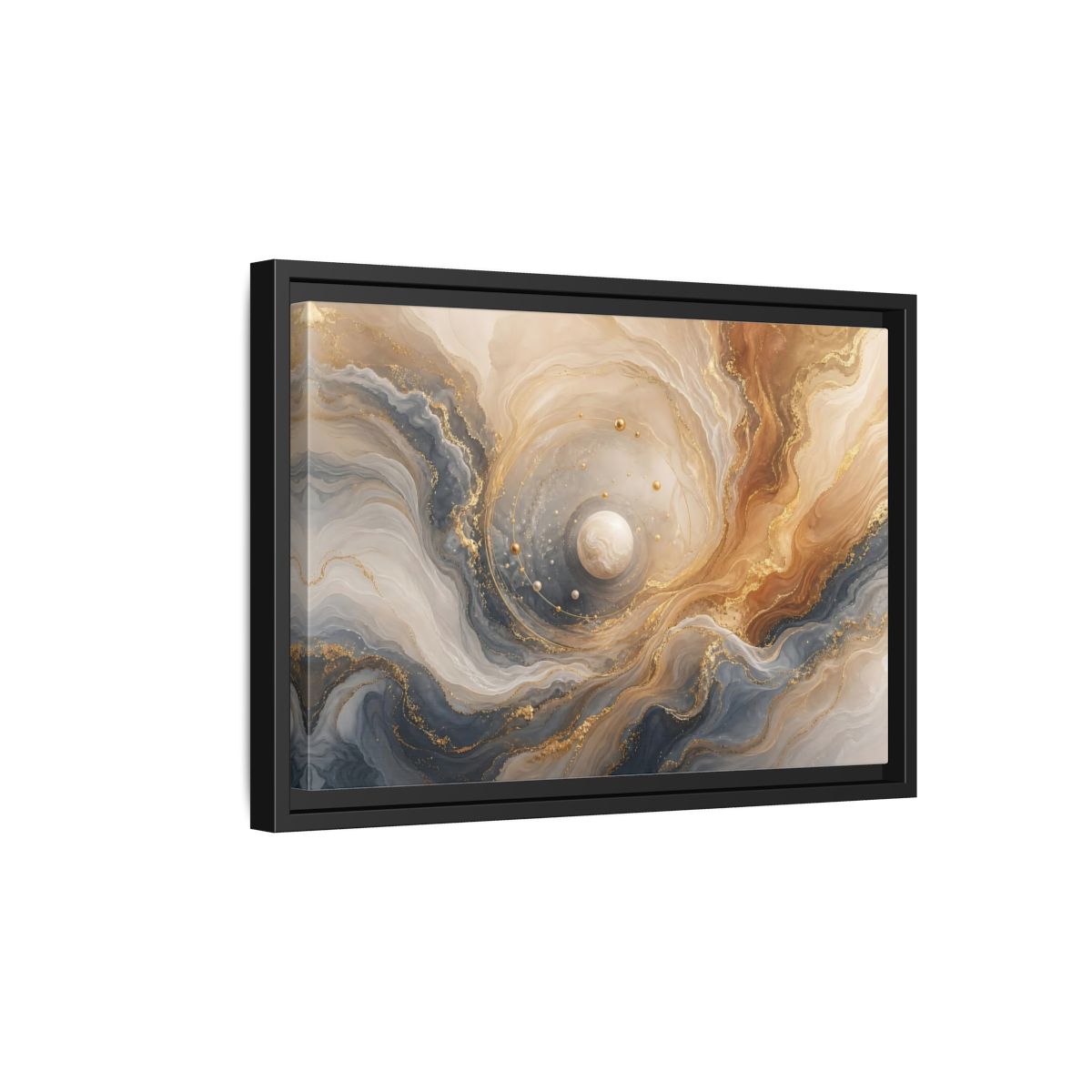 Side Mockup 6. Golden Orbital Marble shown as framed canvas print