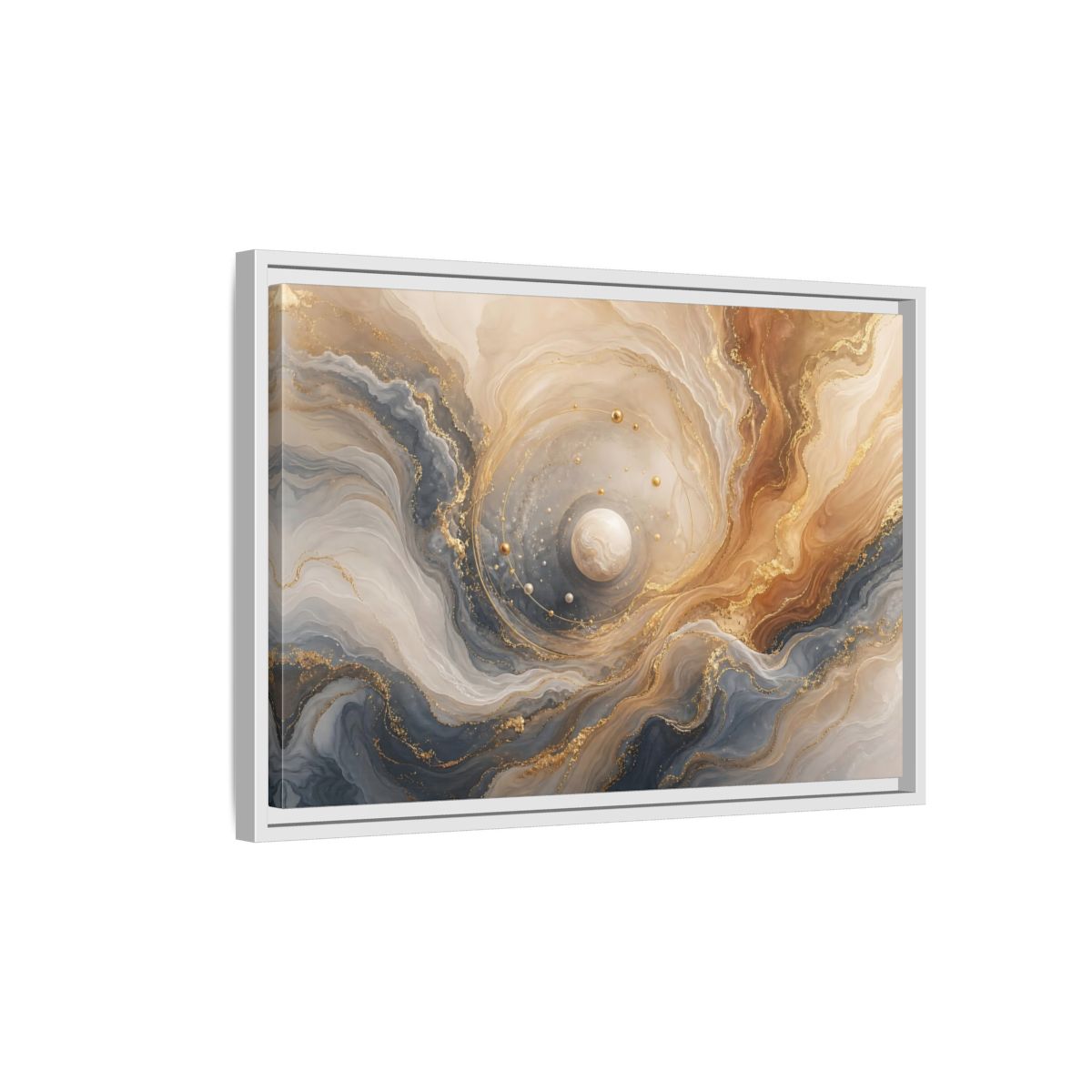 Side Mockup 1. Golden Orbital Marble shown as framed canvas print