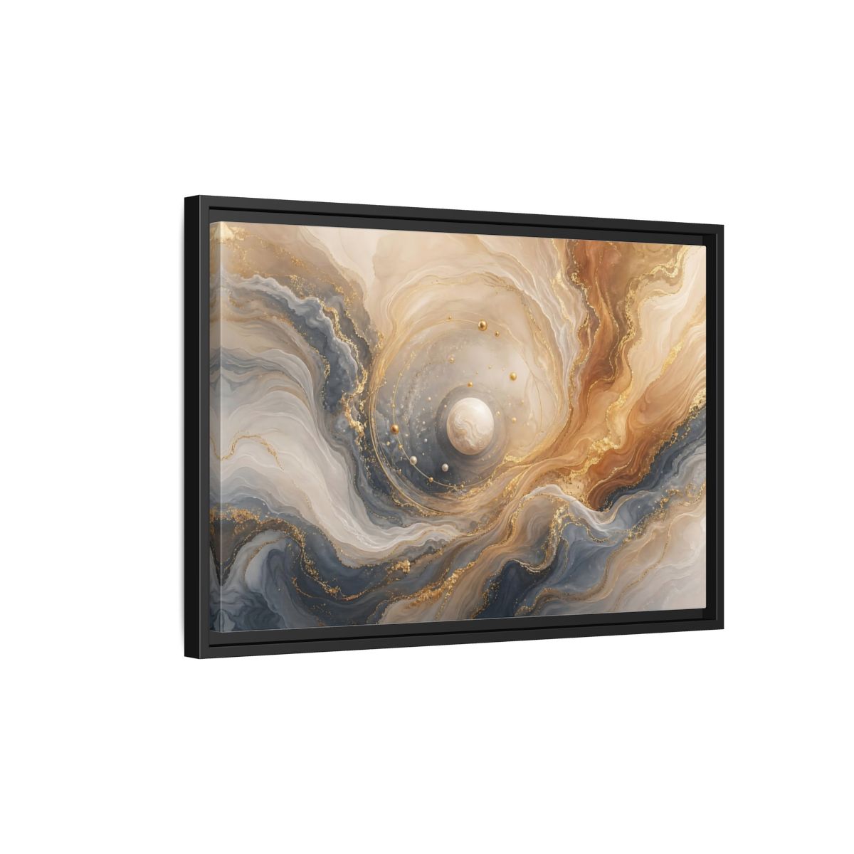 Side Mockup 3. Golden Orbital Marble shown as framed canvas print