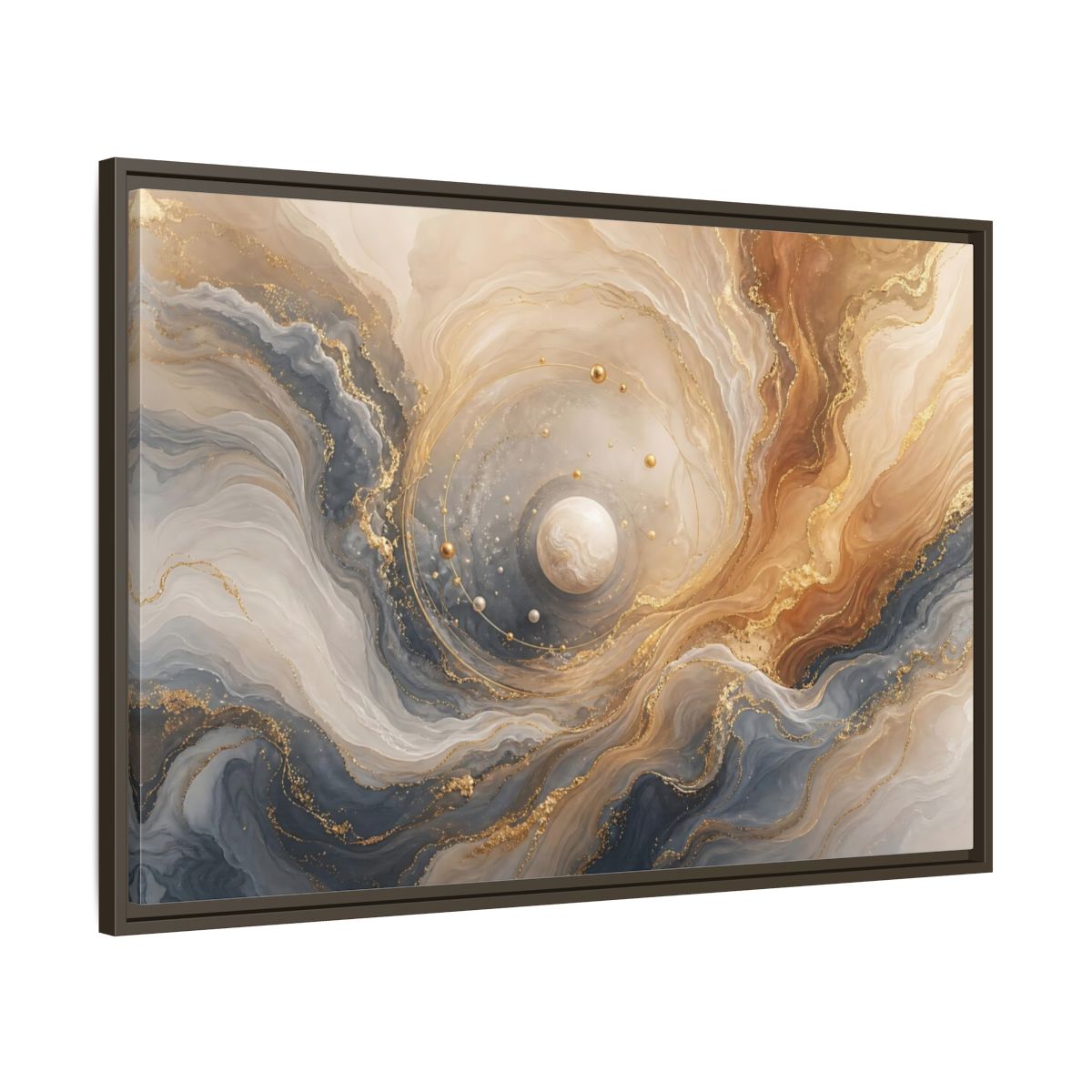 Main Mockup. Golden Orbital Marble shown as framed canvas print