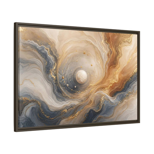 Main Mockup. Golden Orbital Marble shown as framed canvas print