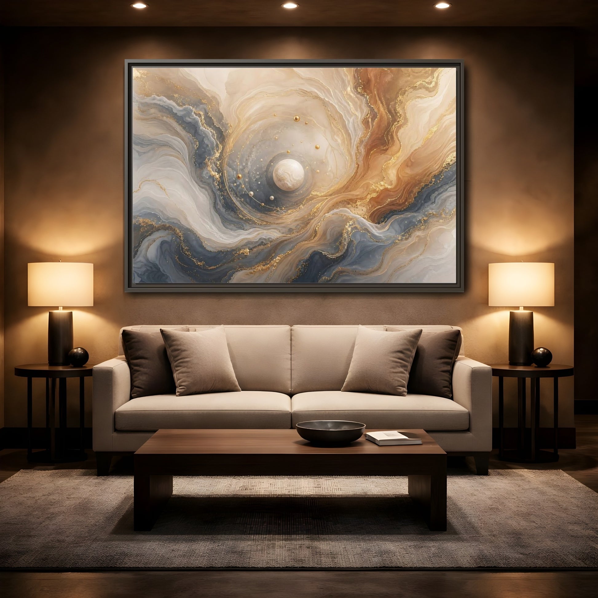 Mockup 2. Golden Orbital Marble shown as framed canvas print