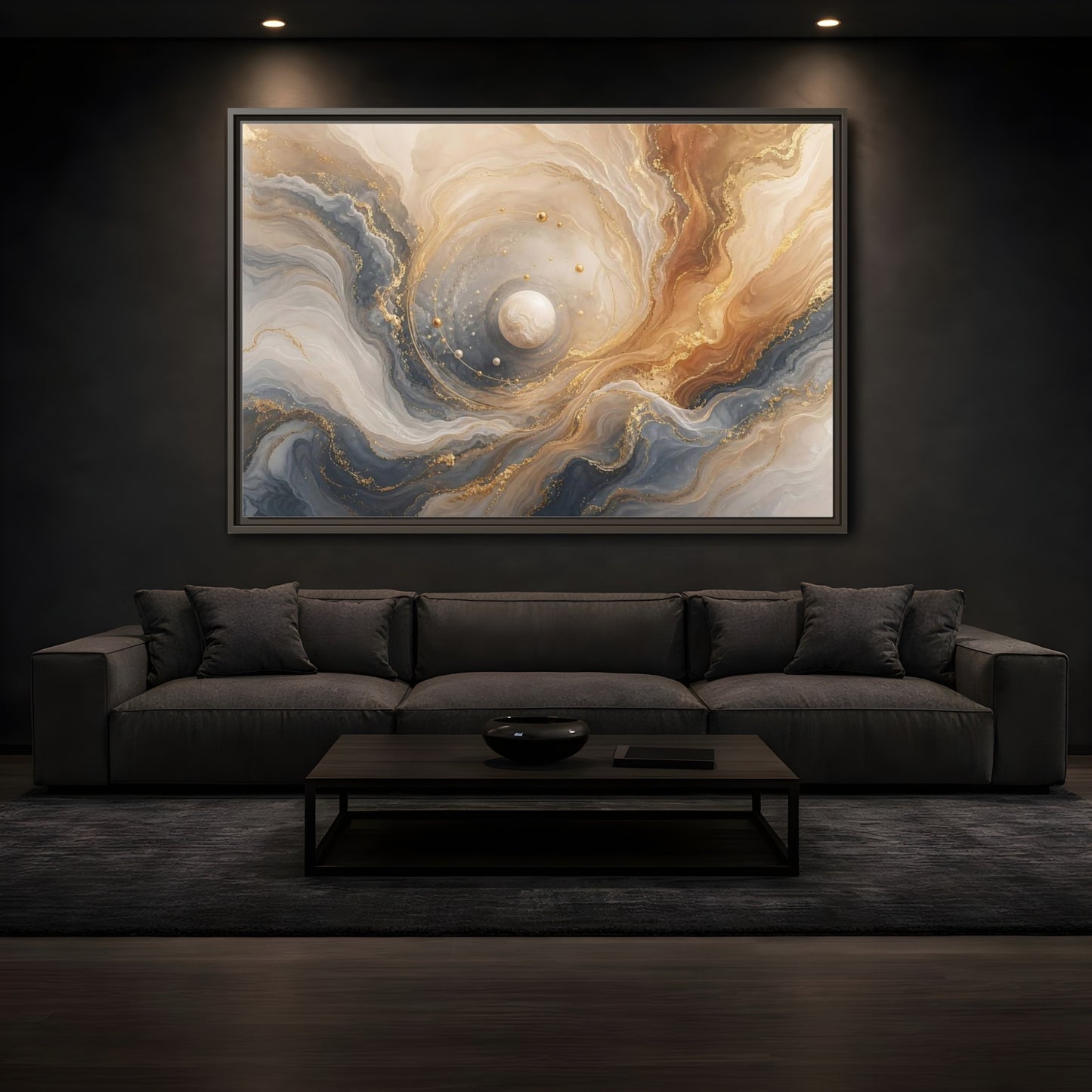 Mockup 3. Golden Orbital Marble shown as framed canvas print