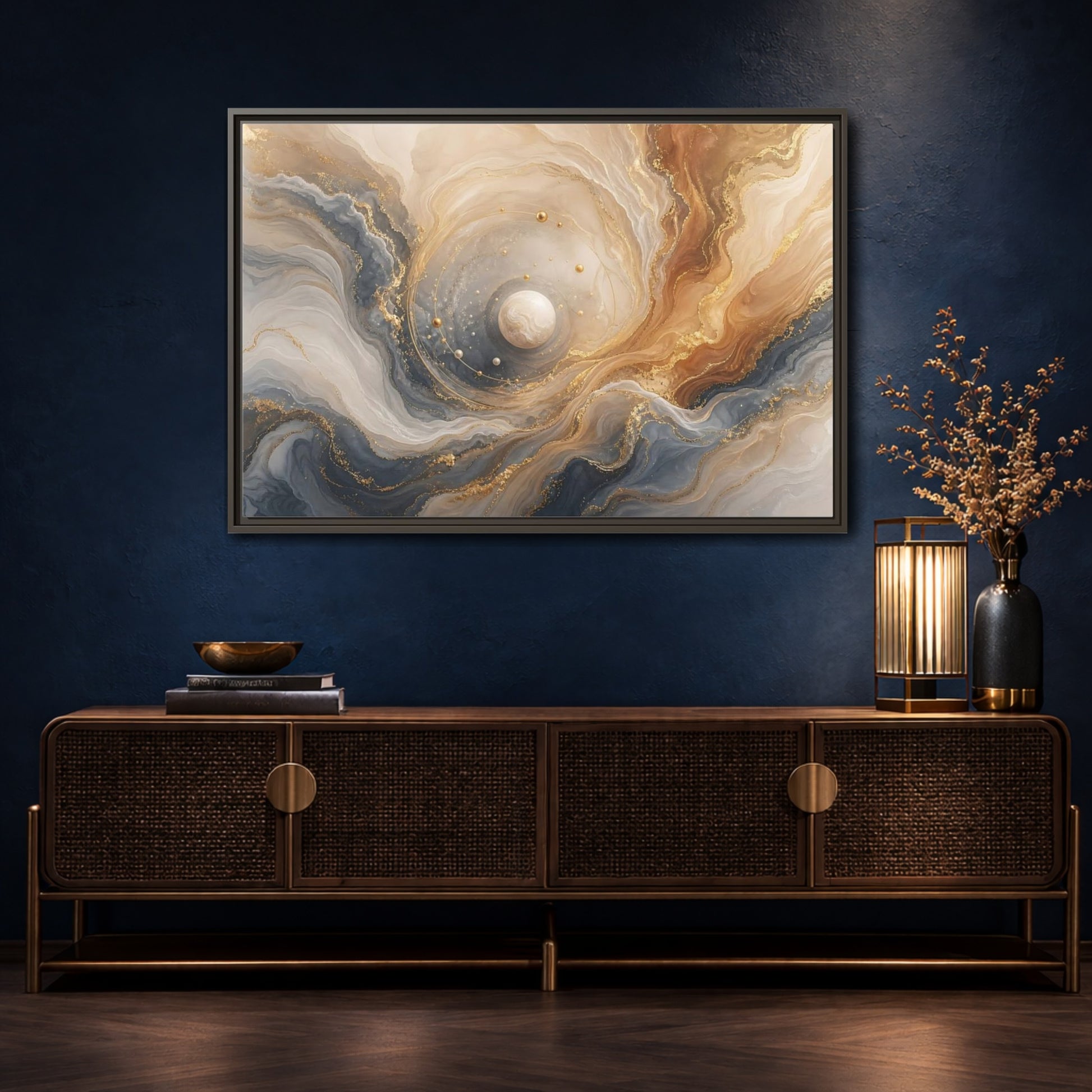 Mockup 4. Golden Orbital Marble shown as framed canvas print