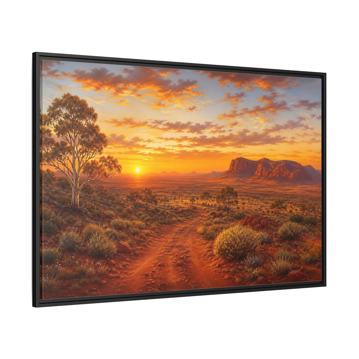 Side Mockup 12. Golden Outback Sunset shown as framed canvas print