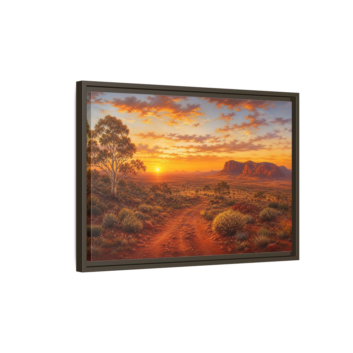 Side Mockup 2. Golden Outback Sunset shown as framed canvas print